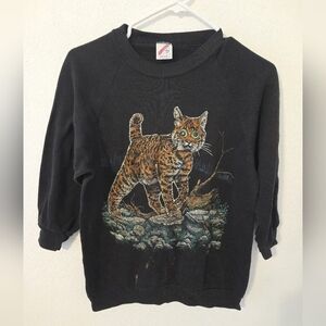 Vintage Lynx Bobcat Wildcat Sweatshirt Jeweled Embellished Eyes Womens Medium US